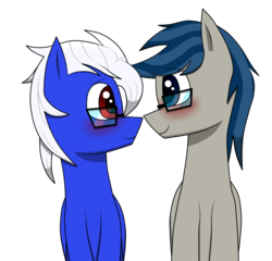 Size: 1024x981 | Tagged: safe, artist:patataislive, oc, oc only, pegasus, pony, blue eyes, blue hair, blushing, colored, couple, design, gay, glasses, looking at each other, love, male, oc x oc, ponytail, red eyes, romance, shipping, simple background, smiling, stallion, transparent background, vector, white hair