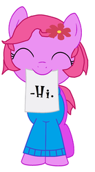 Size: 844x1524 | Tagged: safe, oc, oc only, oc:posey tickle, earth pony, pony, clothes, eyes closed, female, filly, flower, flower in hair, mouth hold, note, simple background, smiling, solo, sweater, white background