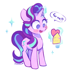 Size: 981x981 | Tagged: safe, artist:dawnfire, starlight glimmer, pony, unicorn, blushing, cute, female, glimmerbetes, glowing horn, happy, heart, holiday, levitation, love letter, magic, magic aura, mare, simple background, smiling, solo, sparkles, telekinesis, valentine, valentine's day, white background