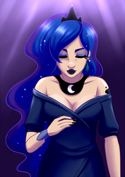 Size: 900x1272 | Tagged: safe, artist:emberfan11, princess luna, human, g4, bracelet, breasts, cleavage, clothes, cutie mark on human, dress, eyebrows, eyeliner, eyes closed, female, humanized, jewelry, lipstick, makeup, nail polish, necklace, solo, tattoo