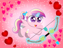 Size: 1999x1529 | Tagged: safe, artist:spellboundcanvas, princess cadance, pony, g4, arrow, bow (weapon), bow and arrow, cupid, diaper, female, filly, filly cadance, foal, heart arrow, solo, weapon, younger