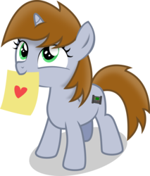 Size: 6680x7847 | Tagged: safe, artist:zylgchs, derpibooru exclusive, oc, oc only, oc:littlepip, pony, unicorn, fallout equestria, absurd resolution, cute, fanfic, fanfic art, female, filly, filly littlepip, heart, holiday, hooves, horn, mouth hold, paper, simple background, solo, standing, sweet, transparent background, valentine's day, vector, younger