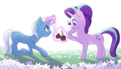 Size: 1455x840 | Tagged: safe, artist:grissaecrim, starlight glimmer, trixie, pony, unicorn, g4, blushing, cute, diamond, diatrixes, duo, female, flower, gasp, glimmerbetes, glowing horn, grass, grin, horn, kneeling, lesbian, levitation, looking at something, magic, mare, marriage proposal, ring, shadow, ship:startrix, shipping, signature, simple background, smiling, surprised, telekinesis, underhoof, white background, wide eyes
