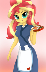 Size: 700x1100 | Tagged: safe, artist:fotasy, sunset shimmer, eqg summertime shorts, equestria girls, g4, good vibes, apron, clothes, cute, female, food, happi, holiday, looking at you, open mouth, shimmerbetes, smiling, solo, sunset sushi, sushi, uniform, valentine's day