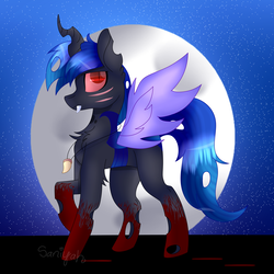 Size: 3000x3000 | Tagged: safe, artist:tomboygirl45, oc, oc only, oc:fang, changeling, blue changeling, commission, high res, jewelry, moon, necklace, night, scar, solo, stars, tooth, walking