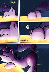 Size: 1920x2816 | Tagged: safe, artist:shieltar, part of a set, twilight sparkle, pony, unicorn, comic:giant twilight, g4, butt, butt expansion, comic, cute, dock, edible heavenly object, exclamation point, eyes closed, female, giant pony, giantess, growth, interrobang, macro, mare, megalight sparkle, part of a series, plot, pony bigger than a planet, question mark, signature, solo, space, speech bubble, sun, twiabetes, twibutt, unicorn twilight