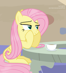 Size: 2860x3164 | Tagged: safe, artist:shutterflyeqd, fluttershy, pegasus, pony, g4, bedroom eyes, cup, cute, female, food, high res, lidded eyes, mare, shyabetes, smiling, solo, table, tea, teacup