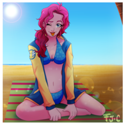 Size: 800x793 | Tagged: safe, artist:fj-c, pinkie pie, human, equestria girls, g4, beach, belly button, bikini, breasts, clothes, crossed legs, female, jacket, looking at you, one eye closed, open clothes, sitting, smiling, solo, sun, swimsuit, tongue out, varsity jacket, wink