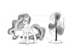 Size: 1200x841 | Tagged: safe, artist:xbi, princess celestia, alicorn, pony, g4, 30 minute art challenge, fan, female, grayscale, monochrome, simple background, solo, white background