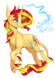 Size: 2893x4092 | Tagged: safe, artist:polyaplanets, sunset shimmer, classical unicorn, pony, unicorn, g4, coat markings, colored fetlocks, female, horn, leonine tail, magic, mare, simple background, solo, unshorn fetlocks, white background