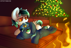 Size: 3001x2001 | Tagged: safe, artist:swiftnicity, oc, oc:princess nightwrath, oc:snow deltora storm, alicorn, pony, alicorn oc, changeling hybrid, christmas, christmas tree, couch, fire, fireplace, halfling, high res, holiday, horn, horn ring, married, not woona, oc x oc, ring, shipping, spark crystal ring, tree
