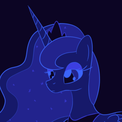 Size: 1280x1280 | Tagged: safe, artist:phat_guy, derpibooru exclusive, princess luna, alicorn, pony, g4, blue, blue background, bust, dark, female, limited palette, looking down, mare, melancholy, portrait, sad, setting forward, simple background, solo, standing
