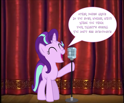 Size: 1477x1222 | Tagged: source needed, safe, starlight glimmer, pony, unicorn, g4, the cutie map, curtains, dialogue, eyes closed, female, in our town, mare, microphone, singing, stage, veggietales