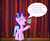 Size: 1477x1222 | Tagged: source needed, safe, starlight glimmer, pony, unicorn, g4, my little pony: friendship is magic, the cutie map, curtains, dialogue, eyes closed, female, in our town, mare, microphone, singing, stage, veggietales