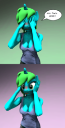 Size: 1100x2160 | Tagged: safe, artist:jade4ink, oc, oc:ink paint, changeling, anthro, 3d, anthro oc, blushing, blushing profusely, breasts, cleavage, clothes, comic, cute, female, lewd, mare, open mouth, solo, source filmmaker, tank top