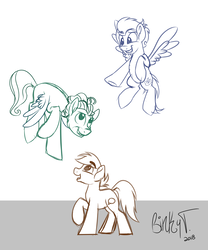Size: 4150x5000 | Tagged: safe, artist:binkyt11, quibble pants, soarin', zephyr breeze, earth pony, pegasus, pony, g4, absurd resolution, flying, looking at each other, male, monochrome, simple background, stallion, white background