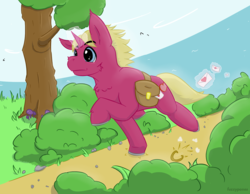 Size: 950x737 | Tagged: safe, artist:fuzzypones, pony, unicorn, colored, glowing horn, hearts and hooves day, holiday, horn, letter, love, magic, male, running, saddle bag, solo, telekinesis, tree, valentine's day