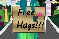 Size: 1510x1008 | Tagged: safe, artist:szabobali, queen chrysalis, g4, female, free hugs, heart, holiday, sign, solo, valentine's day