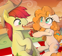 Size: 2272x2064 | Tagged: safe, artist:yorozpony, bright mac, pear butter, earth pony, pony, g4, the perfect pear, blushing, cowboy hat, cute, female, floppy ears, hat, high res, male, mare, pearabetes, picnic blanket, ship:brightbutter, shipping, smiling, stallion, stetson, straight