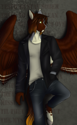 Size: 1397x2262 | Tagged: safe, artist:blackblood-queen, oc, oc only, oc:dusk flame, anthro, unguligrade anthro, anthro oc, clothes, hand in pocket, jacket, leaning, male, pants, shirt, solo, stallion