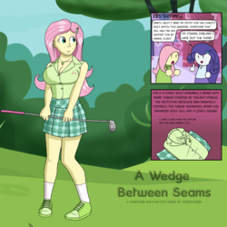 Size: 2000x2000 | Tagged: safe, artist:someguy88, fluttershy, rarity, human, comic:a wedge between seams, equestria girls, g4, big breasts, blouse, breasts, busty fluttershy, chibi, cleavage, clothes, comic, cute, female, golf, golf club, high res, humanized, jewelry, magic clothes, miniskirt, pendant, plaid, plaid skirt, pleated skirt, puttershy, shoes, skirt, socks, speech bubble, sports, sweater, sweatershy, title page