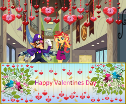 Size: 1742x1441 | Tagged: safe, artist:creaciones-jean, artist:favoriteartman, artist:sugar-loop, artist:user15432, sunset shimmer, fairy, human, equestria girls, g4, banner, canterlot high, crack shipping, crossover, crossover shipping, crown, crystal flower, fairy wings, geode of empathy, happy valentines day, hasbro, hasbro studios, heart, holiday, humanized, jewelry, magical geodes, male, necklace, nintendo, regalia, shipping, super mario bros., super smash bros., valentine, valentine's day, waluigi, waluset, winged humanization, wings