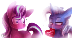Size: 4011x2112 | Tagged: dead source, safe, artist:shellielle, starlight glimmer, trixie, pony, unicorn, g4, blushing, female, holiday, horny, lesbian, mare, mouth hold, ship:startrix, shipping, simple background, valentine's day, white background
