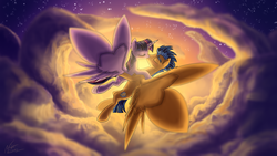 Size: 4096x2304 | Tagged: safe, artist:nightpaint12, flash sentry, twilight sparkle, alicorn, pegasus, pony, g4, butterfly wings, cloud, eyes closed, female, flying, kissing, male, mare, ship:flashlight, shipping, stallion, straight, twilight sparkle (alicorn)