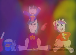 Size: 1280x927 | Tagged: safe, artist:vectoredthrust, princess cadance, shining armor, smarty pants, twilight sparkle, g4, clothes, coca-cola, colorful lights, concert, cute, excited, female, filly, filly twilight sparkle, foalsitter, foalsitting, food, popcorn, shining adorable, shirt, sibling bonding, soda, t-shirt, the wiggles, twiabetes, younger