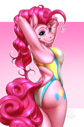 Size: 1900x2850 | Tagged: safe, artist:mykegreywolf, pinkie pie, earth pony, anthro, g4, adorasexy, armpits, ass, balloonbutt, breasts, butt, clothes, cute, female, high-cut clothing, looking at you, looking back, looking back at you, mare, one-piece swimsuit, open-back swimsuit, rear view, sexy, solo, stupid sexy pinkie, swimsuit, tight clothing
