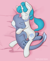 Size: 3500x4299 | Tagged: safe, artist:triplesevens, oc, oc only, oc:ketten moon, pony, unicorn, bed, commission, cuddling, duo, high res, horns, hug, shipping