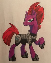 Size: 2271x2807 | Tagged: safe, artist:bozzerkazooers, fizzlepop berrytwist, tempest shadow, pony, unicorn, g4, my little pony: the movie, armor, broken horn, clothes, eyelashes, female, hair, high res, hoof shoes, horn, mane, mare, mohawk, raised hoof, shoes, simple background, smiling, solo, tail, traditional art, white background