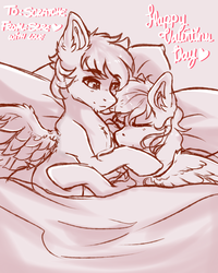 Size: 2400x3000 | Tagged: safe, artist:serenity, oc, oc only, oc:scratche aux, oc:serenity, pegasus, pony, bed, cuddling, female, high res, holiday, in bed, love, male, monochrome, shipping, simple background, straight, valentine's day