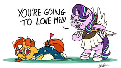Size: 2979x1684 | Tagged: safe, artist:bobthedalek, starlight glimmer, sunburst, pony, unicorn, g4, angry, arrow, bow (weapon), clothes, costume, cross-popping veins, cupid, female, glasses, heart arrow, heart eyes, holiday, literal butthurt, male, mare, pain, possessive, quiet, quiver, ragelight glimmer, robe, ship:starburst, shipping, shoes, simple background, skirt, stallion, straight, tongue out, valentine's day, vein, vein bulge, white background, wingding eyes, yandere, yandere glimmer, you're going to love me