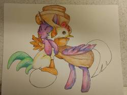 Size: 1152x864 | Tagged: safe, artist:shotsyshotsy, scootaloo, twilight sparkle, alicorn, pegasus, pony, g4, animal costume, chicken suit, clothes, costume, cute, cutealoo, egg, eyes closed, female, food, food costume, grin, hug, i'm pancake, mare, open mouth, scootachicken, scootalove, silly, silly pony, sitting, smiling, traditional art, twiabetes, twilight sparkle (alicorn), wip