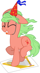 Size: 570x1019 | Tagged: safe, artist:eagle1division, oc, oc only, oc:apple, pony, cute, dancing, eyes closed, floppy ears, harp, hat, musical instrument, neural network, party, party hat, raised hoof, simple background, solo, tongue out, transparent background, vector, windswept mane, xd, xp