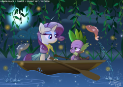 Size: 1200x848 | Tagged: safe, artist:lennonblack, rarity, spike, dragon, firefly (insect), fish, pony, g4, boat, clothes, cute, disney, dress, female, full moon, lake, male, moon, moonlight, neckerchief, night, oar, romantic, rowboat, ship:sparity, shipping, straight, the little mermaid, water
