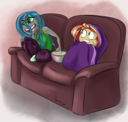 Size: 4491x4296 | Tagged: safe, artist:firimil, queen chrysalis, sunset shimmer, human, g4, absurd resolution, blanket, couch, fanfic, fanfic art, food, humanized, popcorn