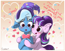 Size: 6251x4881 | Tagged: safe, artist:rainihorn, starlight glimmer, trixie, pony, unicorn, absurd resolution, belly button, blushing, clothes, cute, diatrixes, female, floppy ears, glimmerbetes, hat, heart, hearts and hooves day, holiday, lesbian, mare, open mouth, shipping, startrix, surprised, trixie's hat, valentine's day