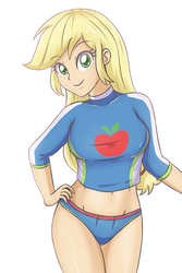 Size: 2362x3543 | Tagged: safe, artist:sumin6301, applejack, equestria girls, equestria girls specials, g4, my little pony equestria girls: better together, my little pony equestria girls: forgotten friendship, belly button, breasts, busty applejack, clothes, cute, female, freckles, high res, jackabetes, legs together, looking at you, midriff, simple background, solo, swimsuit, white background