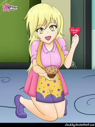 Size: 747x1000 | Tagged: safe, alternate version, artist:clouddg, derpy hooves, equestria girls, g4, beautiful, blonde, clothes, cute, derpabetes, door, female, food, holiday, human coloration, kneeling, lockers, looking at you, moe, muffin, multiple variants, open mouth, shoes, signature, skirt, snack, solo, valentine's day