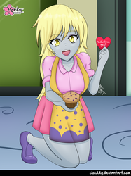 Size: 747x1000 | Tagged: safe, artist:clouddg, derpy hooves, equestria girls, g4, clothes, cute, derpabetes, door, female, food, holiday, kneeling, lockers, looking at you, moe, muffin, multiple variants, open mouth, shoes, signature, skirt, snack, solo, valentine's day