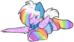 Size: 1703x960 | Tagged: safe, artist:php166, oc, oc only, oc:sleepaway, pegasus, pony, clothes, freckles, hoodie, male, rainbow, rainbow socks, simple background, socks, solo, striped socks, sweater, transparent background