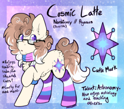 Size: 2467x2167 | Tagged: safe, artist:php166, oc, oc only, oc:cosmic latte, pony, clothes, cutie mark, freckles, glasses, high res, scarf, socks, solo, striped socks, text