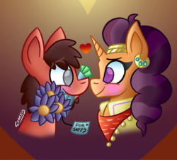 Size: 852x768 | Tagged: safe, artist:snakeythingy, saffron masala, oc, oc:sketchy dupe, g4, blushing, boop, canon x oc, dupala, female, flower, gradient background, happy valentines day, heart, holiday, looking at each other, male, noseboop, sketchffron, story included, straight, valentine's day
