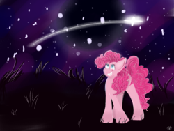 Size: 2048x1536 | Tagged: safe, artist:pinky102368, pinkie pie, earth pony, pony, g4, female, grin, night, shooting star, smiling, solo, starry eyes, stars, wingding eyes