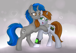 Size: 2077x1450 | Tagged: safe, artist:haruhi-il, oc, oc only, oc:homage, oc:littlepip, pony, unicorn, fallout equestria, duo, fanfic, fanfic art, female, heart, hooves, horn, hug, lesbian, mare, oc x oc, open mouth, pipbuck, ship:pipmage, shipping, smiling