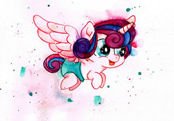 Size: 1600x1116 | Tagged: safe, artist:mashiromiku, princess flurry heart, alicorn, pony, g4, baby, diaper, female, flying, solo, traditional art, watercolor painting