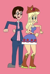 Size: 1505x2233 | Tagged: safe, artist:hunterxcolleen, applejack, oc, oc:stewart gary, human, equestria girls, g4, dancing, fall formal outfits, holiday, pairings, valentine's day