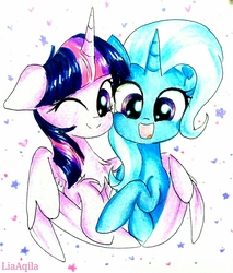 Size: 1122x1320 | Tagged: safe, artist:liaaqila, trixie, twilight sparkle, alicorn, pony, unicorn, g4, cute, diatrixes, duo, duo female, female, holiday, horn, hug, lesbian, mare, one eye closed, open mouth, open smile, ship:twixie, shipping, signature, smiling, traditional art, twiabetes, twilight sparkle (alicorn), valentine's day, winghug, wings, wink